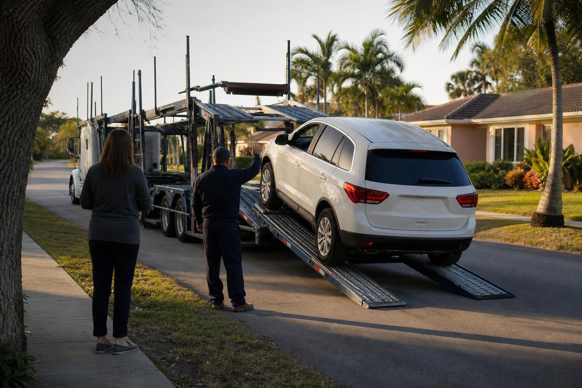 An SUV being driven down the ramps off an open carrier at delivery