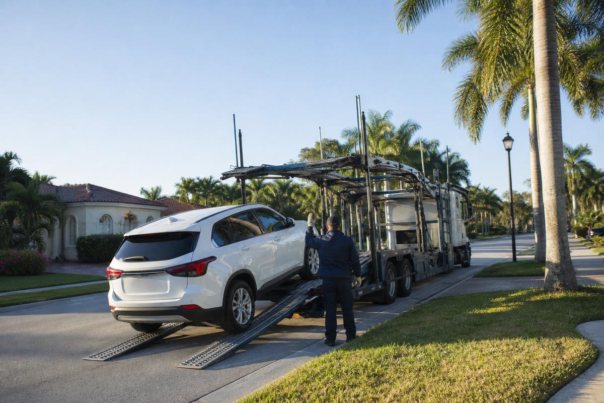 An SUV being driven up the ramps onto an open carrier at the curb