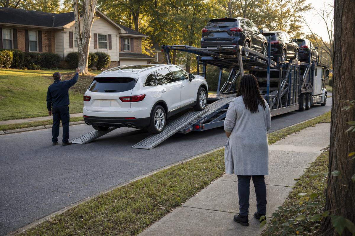 An SUV being driven down the ramps off an open carrier at delivery