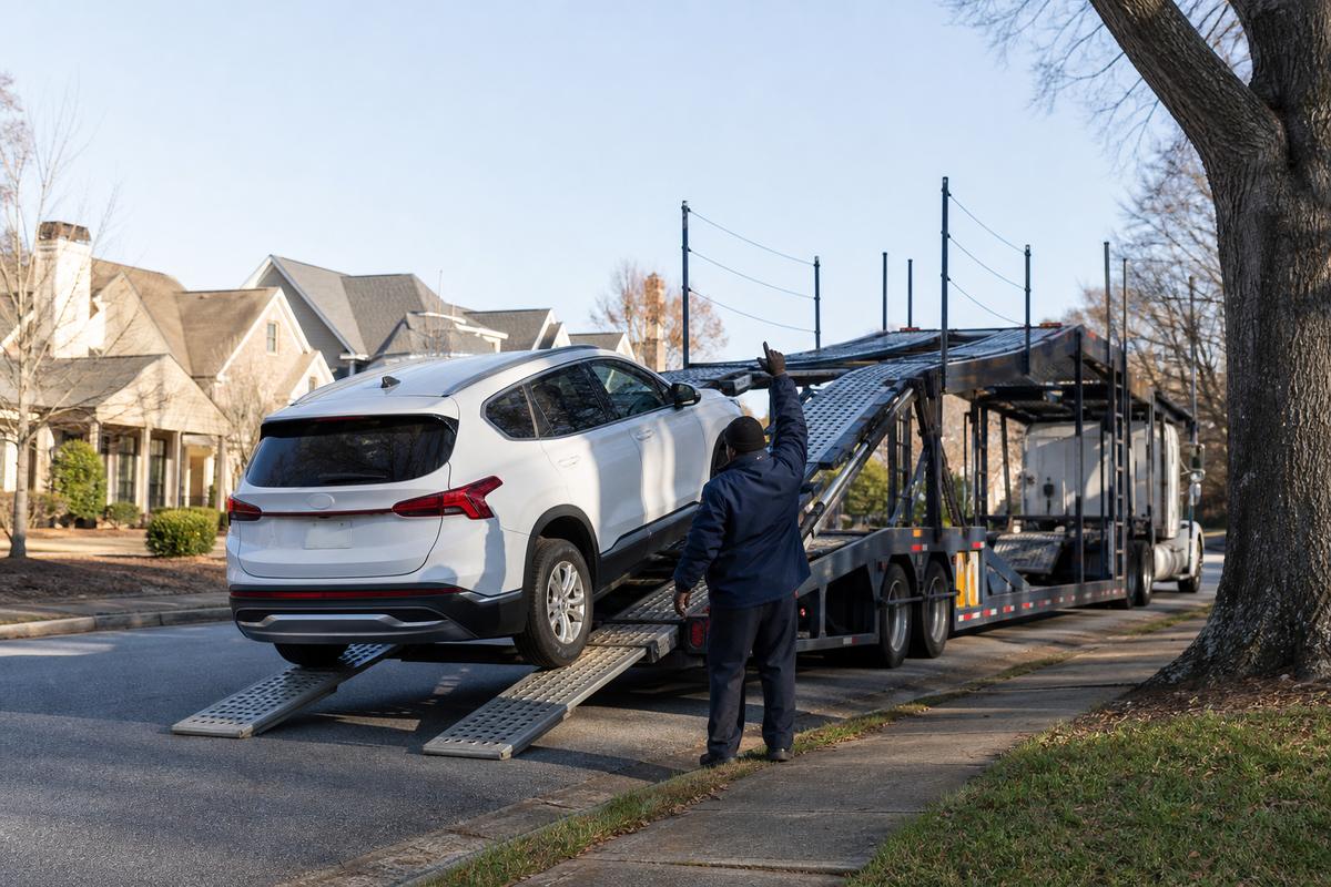 An SUV being driven up the ramps onto an open carrier at the curb