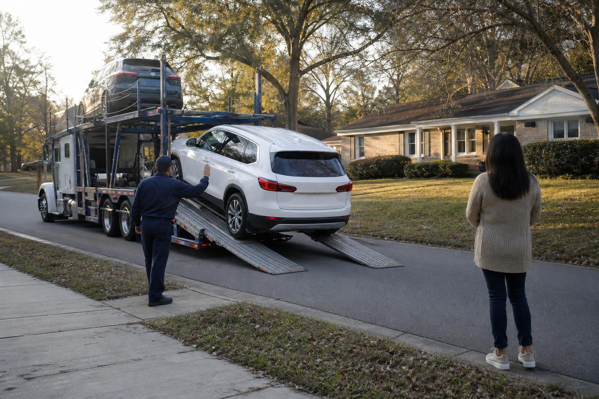 Car delivery in Augusta An SUV being driven down the ramps off an open carrier at delivery