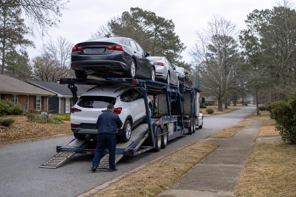 Car shipping in Augusta An open auto carrier unloading on a residential street