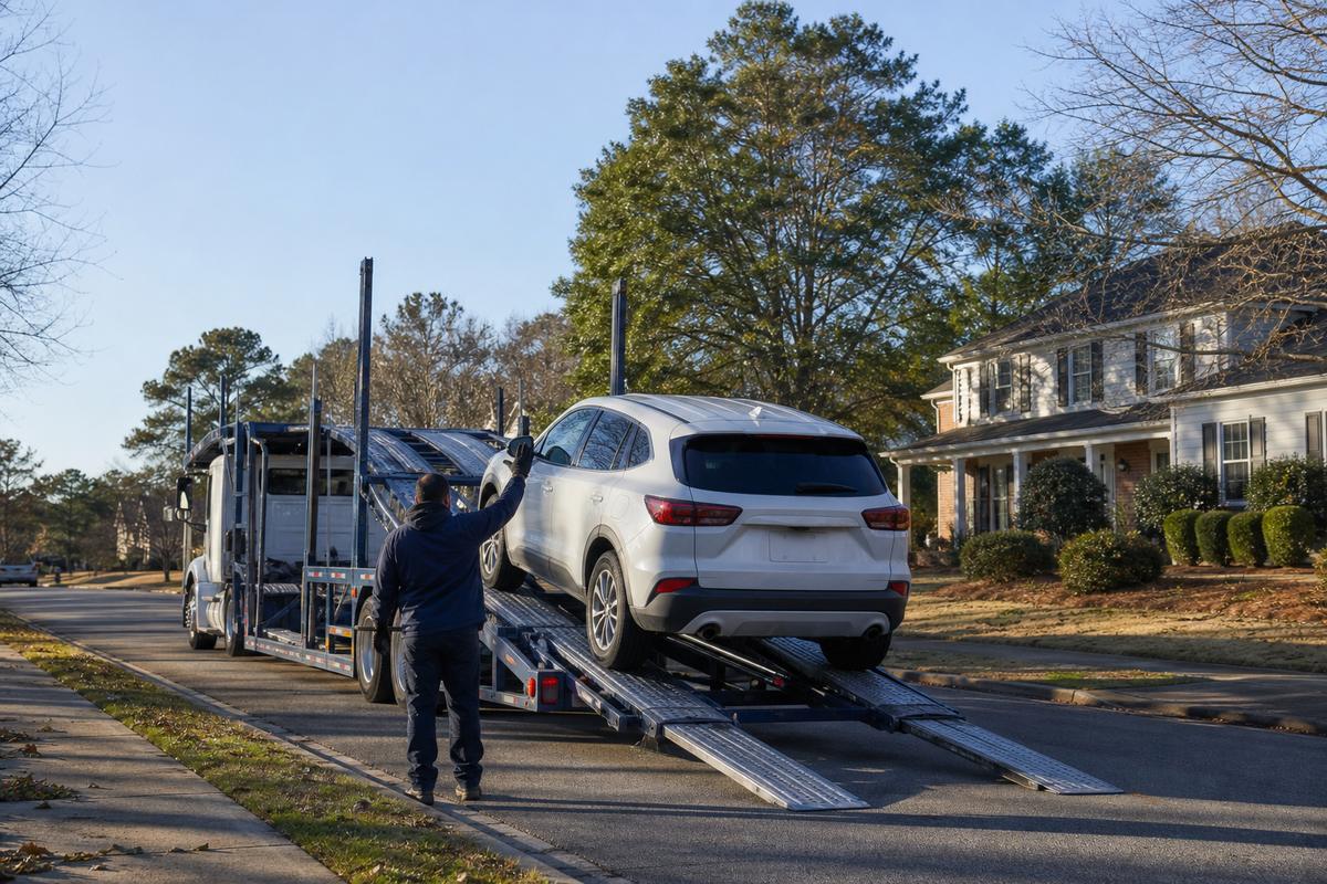 Car pickup in Augusta An SUV being driven up the ramps onto an open carrier at the curb