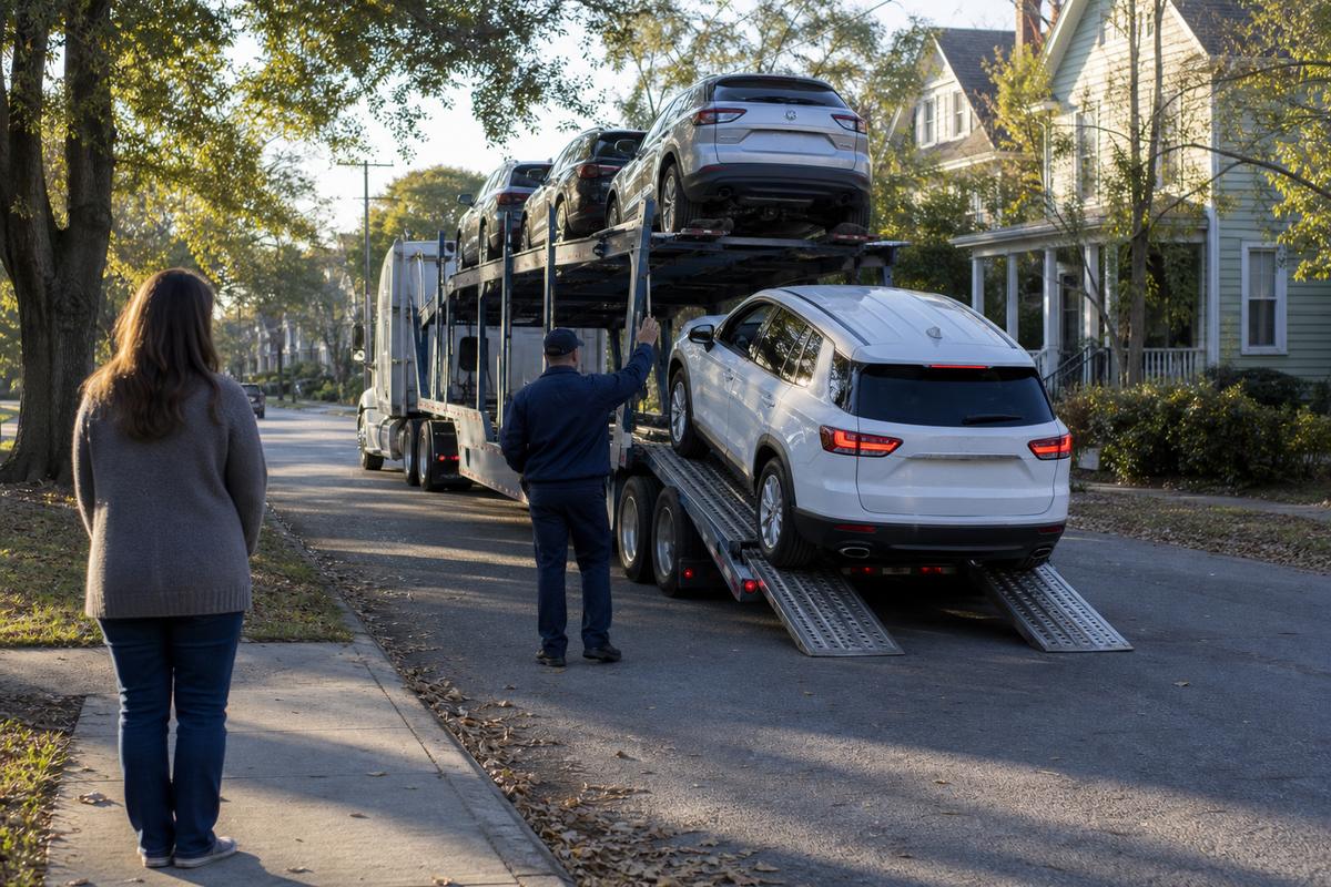 An SUV being driven down the ramps off an open carrier at delivery