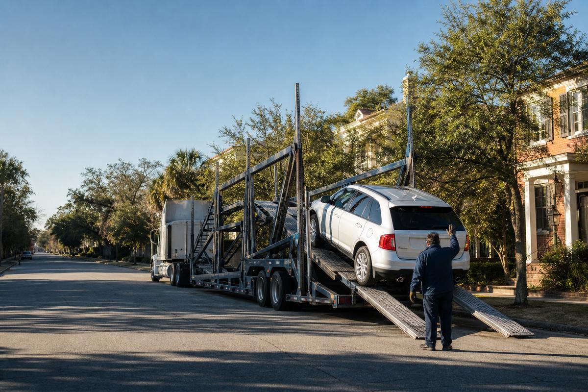 An SUV being driven up the ramps onto an open carrier at the curb