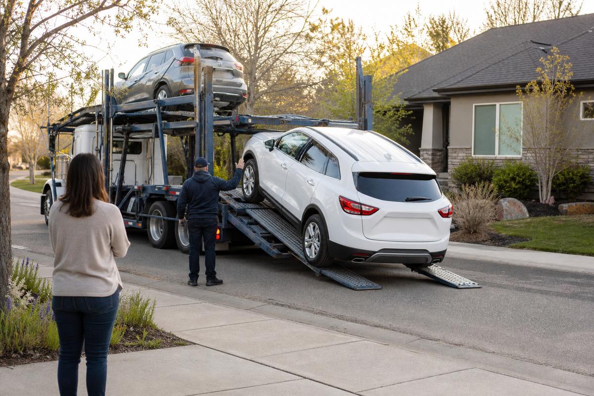 Car delivery in Boise An SUV being driven down the ramps off an open carrier at delivery