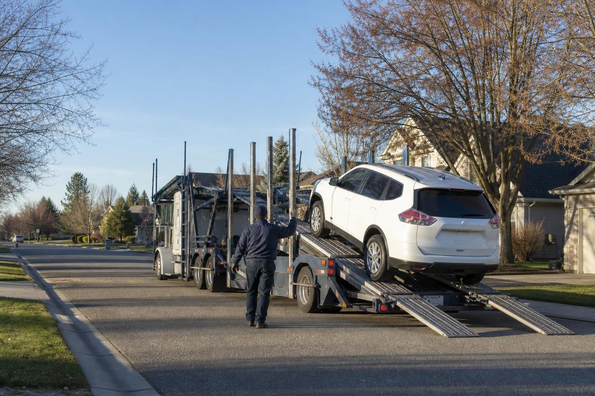 Car pickup in Boise An SUV being driven up the ramps onto an open carrier at the curb