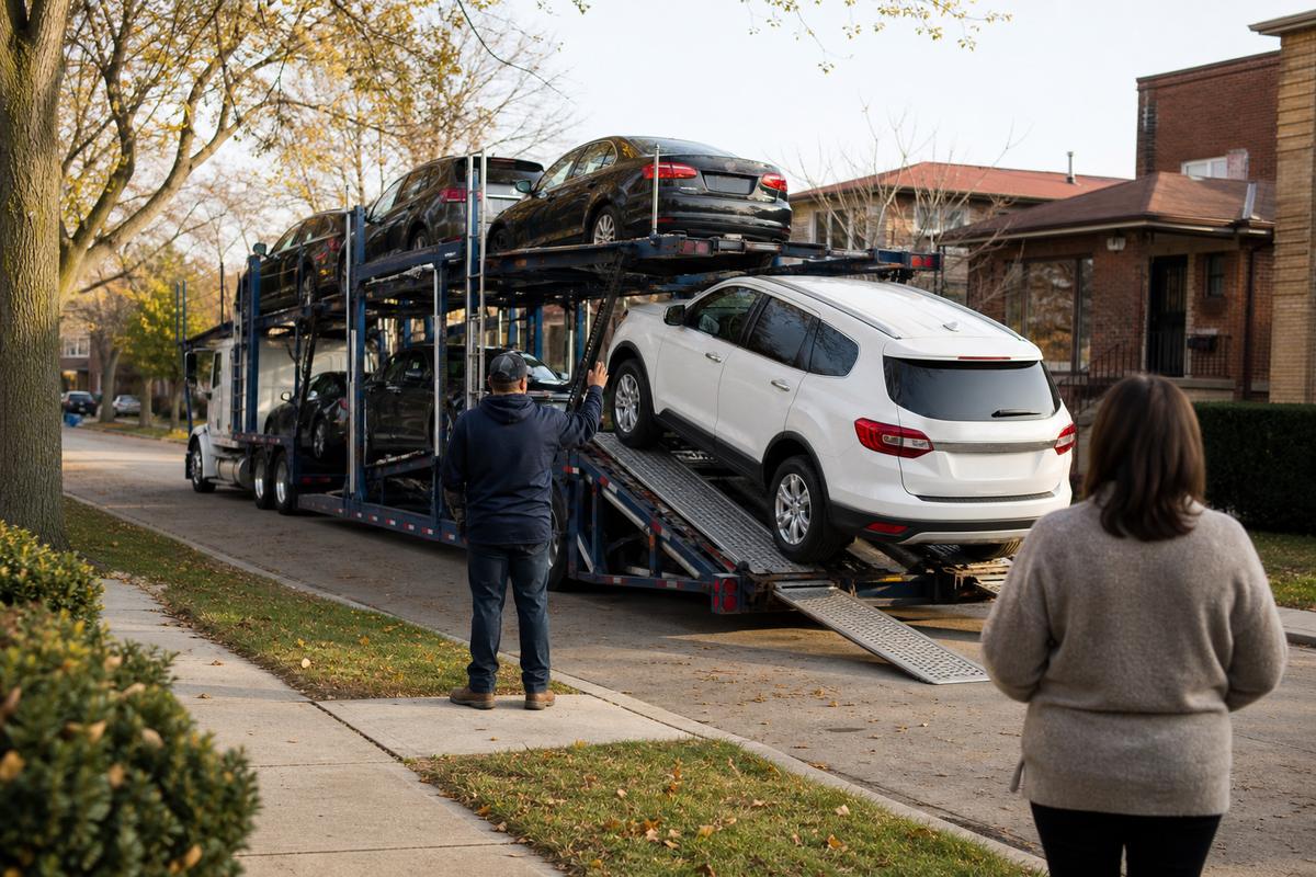 An SUV being driven down the ramps off an open carrier at delivery