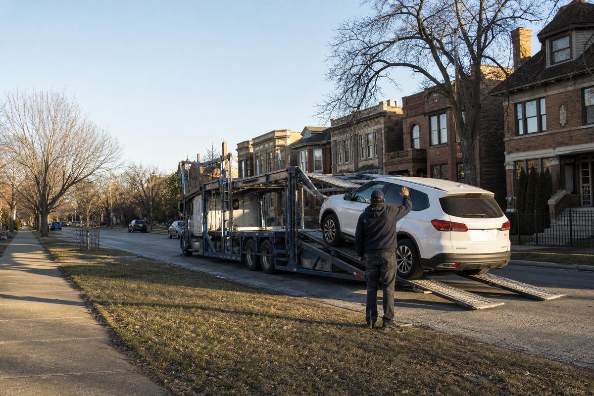 An SUV being driven up the ramps onto an open carrier at the curb