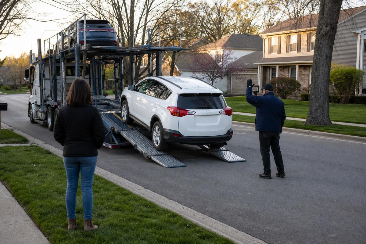 Car delivery in Naperville An SUV being driven down the ramps off an open carrier at delivery