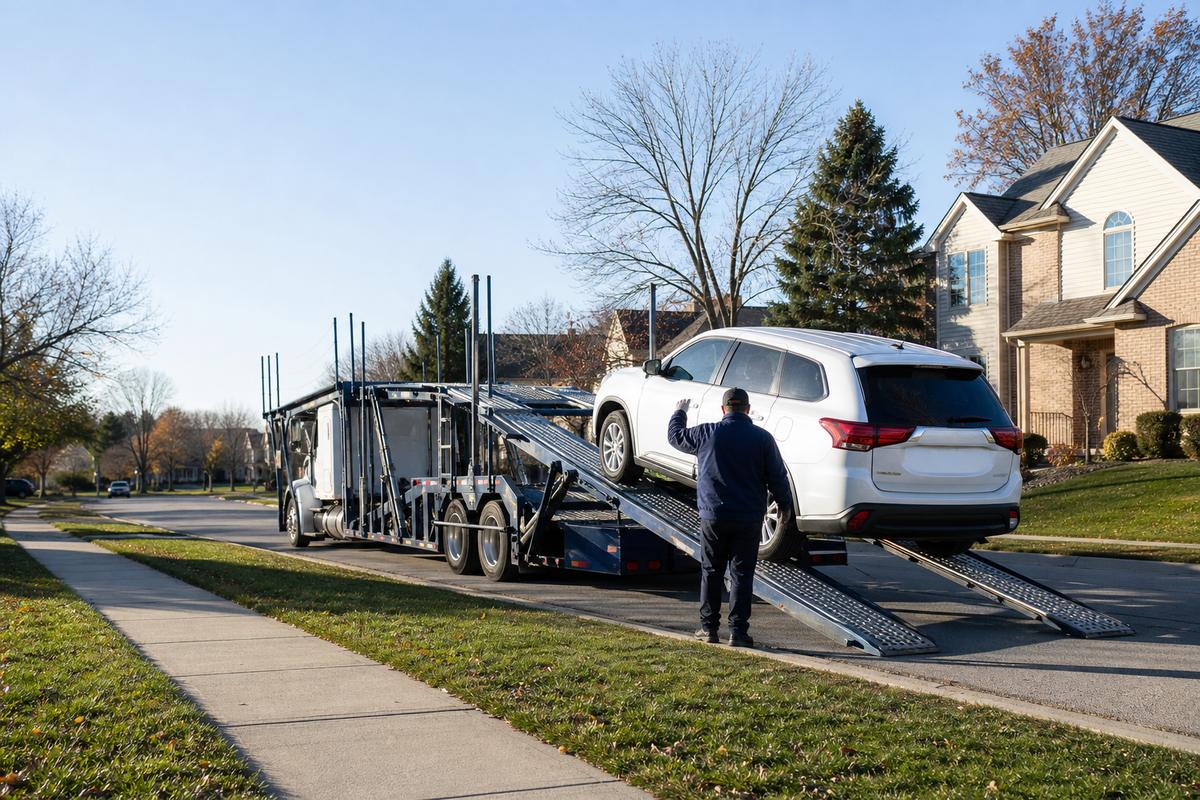 Car pickup in Naperville An SUV being driven up the ramps onto an open carrier at the curb