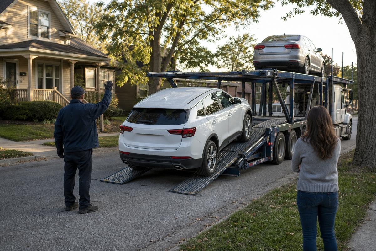 Car delivery in Rockford An SUV being driven down the ramps off an open carrier at delivery