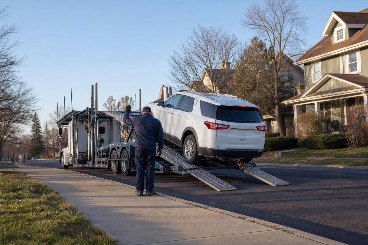 Car pickup in Rockford An SUV being driven up the ramps onto an open carrier at the curb