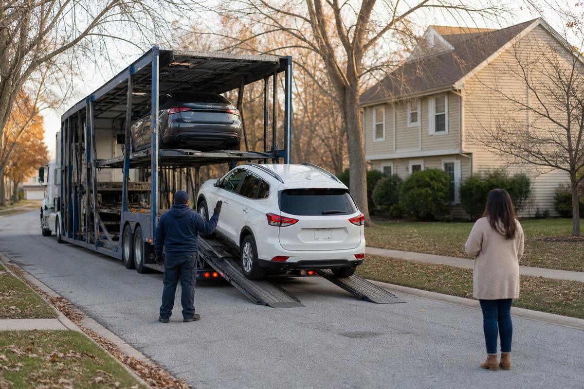 Car delivery in Schaumburg An SUV being driven down the ramps off an open carrier at delivery