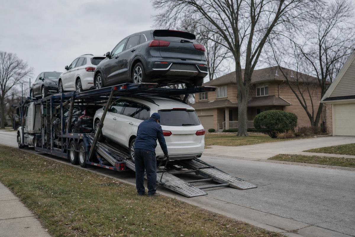 Car shipping in Schaumburg An open auto carrier unloading on a residential street