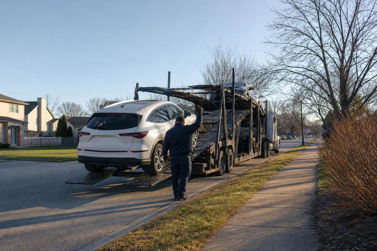 Car pickup in Schaumburg An SUV being driven up the ramps onto an open carrier at the curb