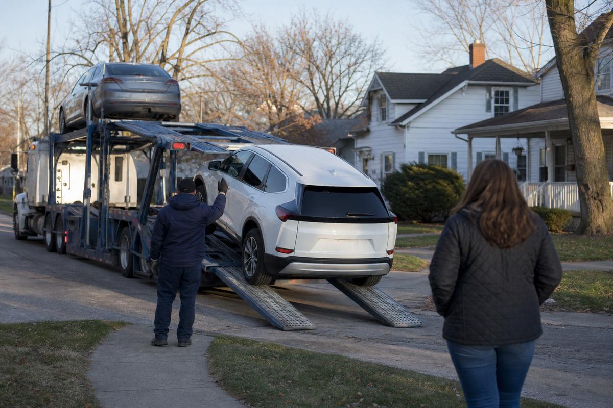 An SUV being driven down the ramps off an open carrier at delivery