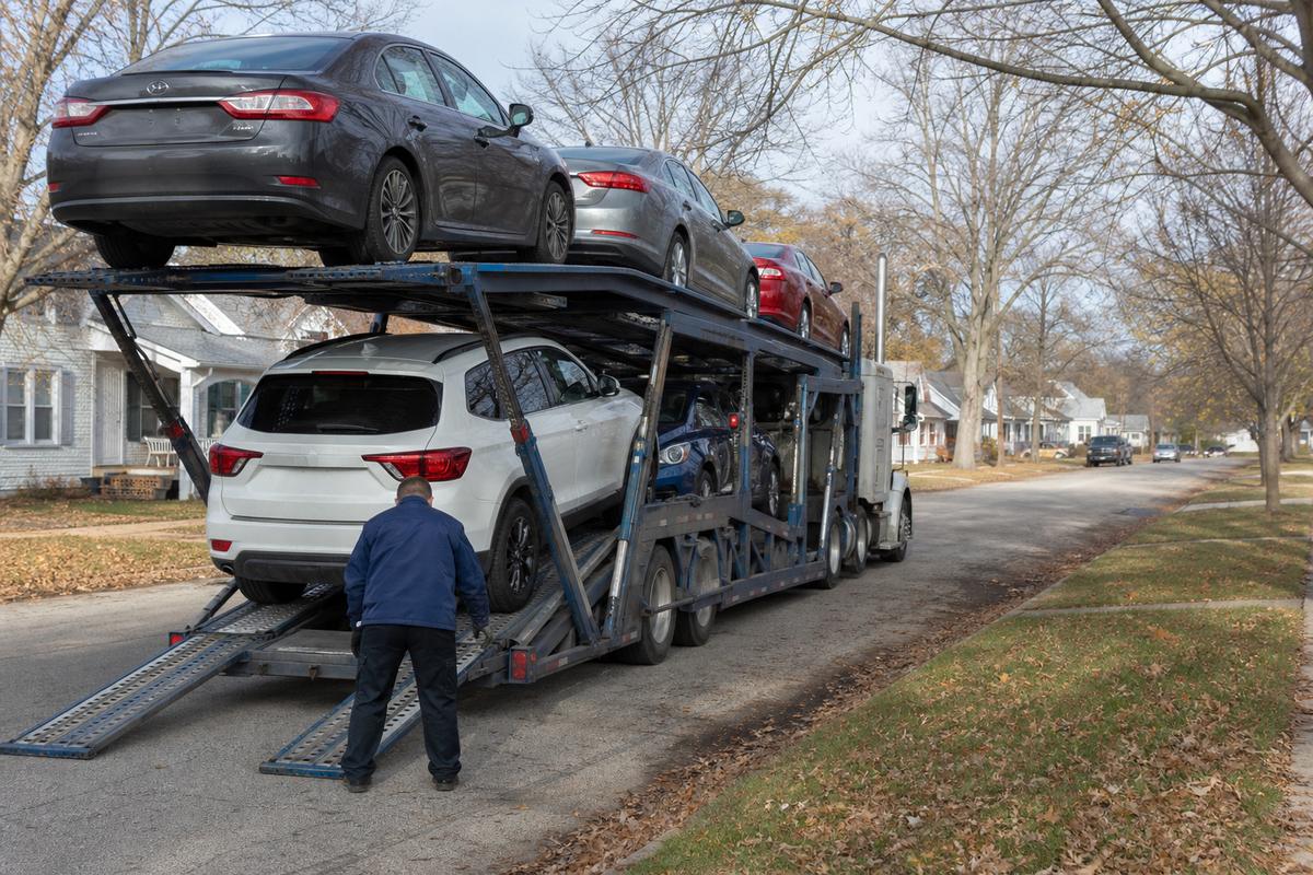 An open auto carrier unloading on a residential street