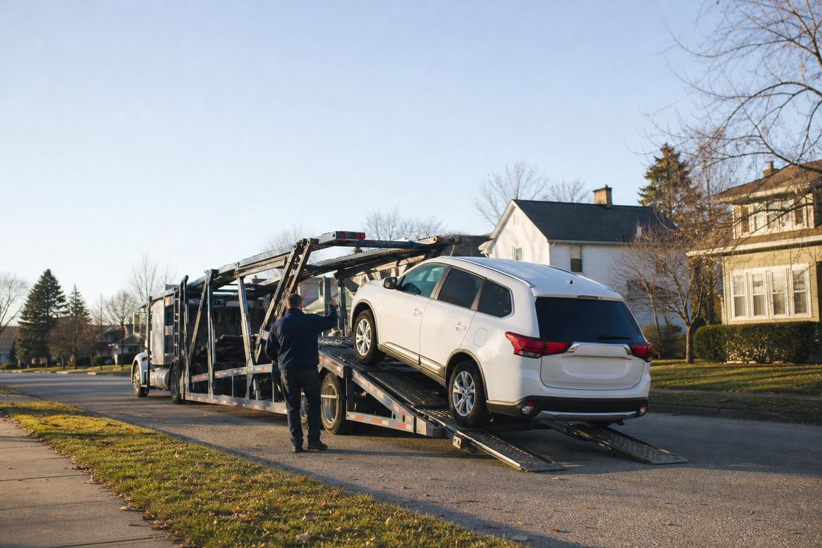 An SUV being driven up the ramps onto an open carrier at the curb