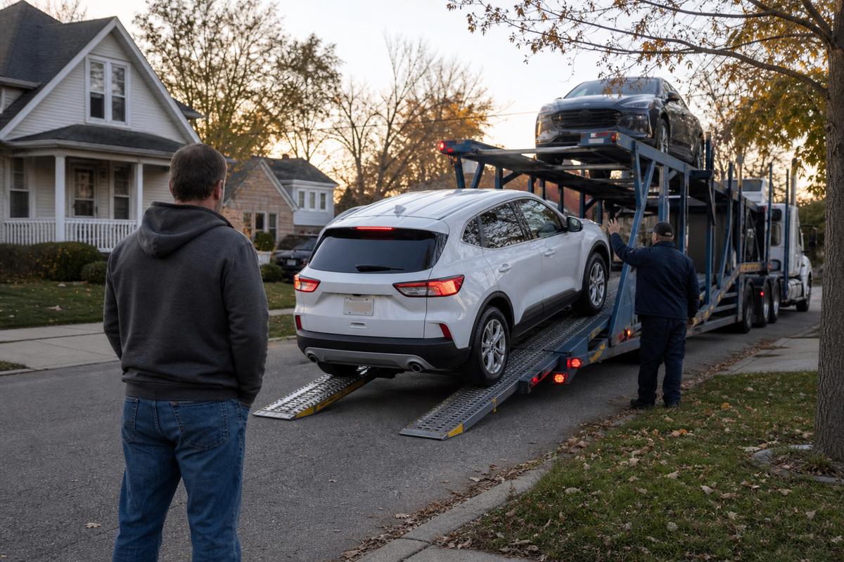 An SUV being driven down the ramps off an open carrier at delivery