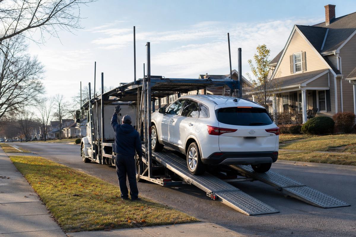 An SUV being driven up the ramps onto an open carrier at the curb