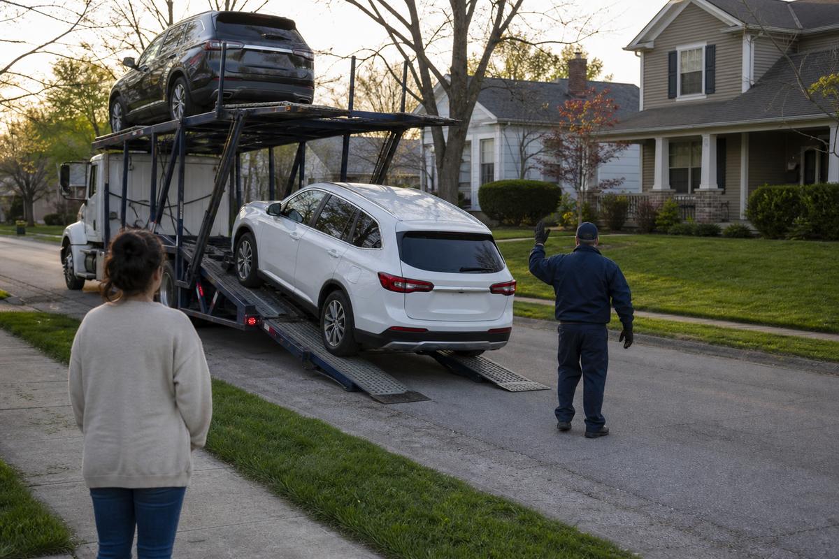 Car delivery in Indianapolis An SUV being driven down the ramps off an open carrier at delivery