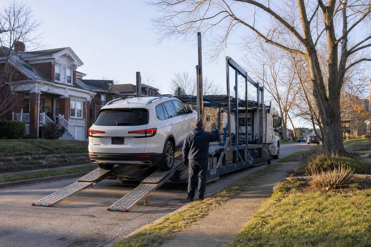Car pickup in Indianapolis An SUV being driven up the ramps onto an open carrier at the curb