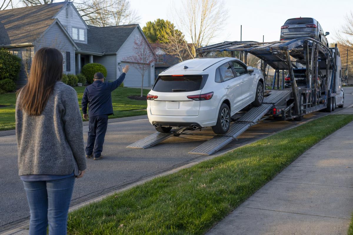 Car delivery in Overland Park An SUV being driven down the ramps off an open carrier at delivery