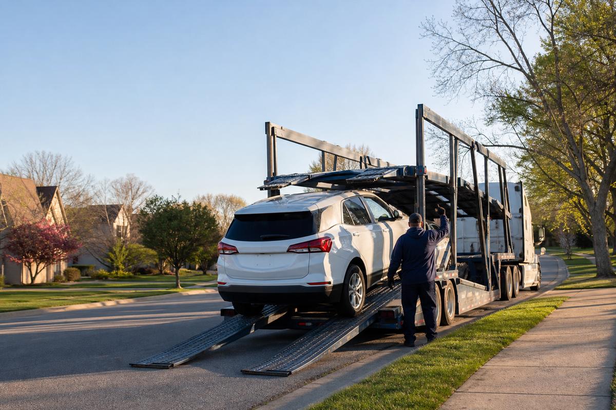 Car pickup in Overland Park An SUV being driven up the ramps onto an open carrier at the curb