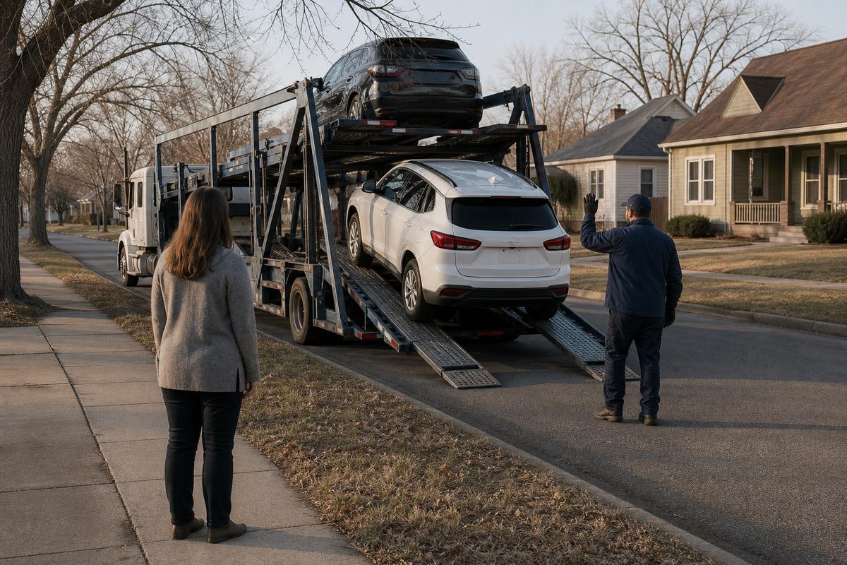 Car delivery in Wichita An SUV being driven down the ramps off an open carrier at delivery