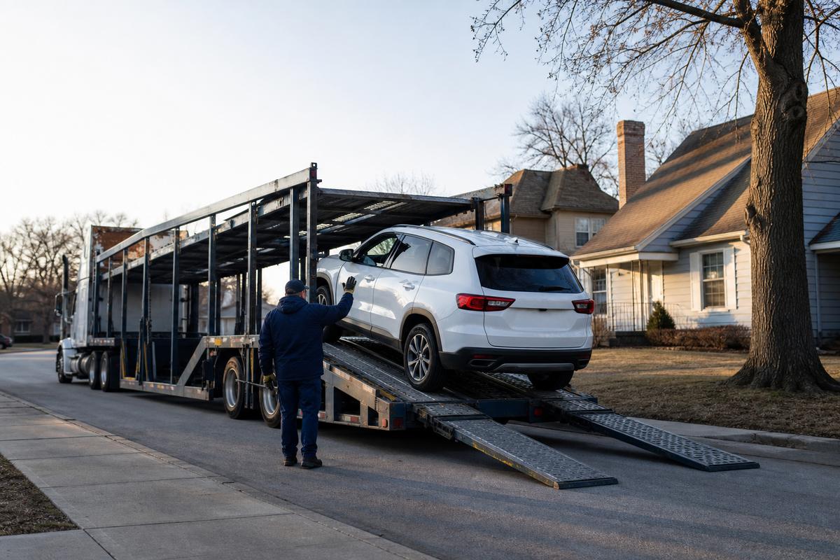 Car pickup in Wichita An SUV being driven up the ramps onto an open carrier at the curb