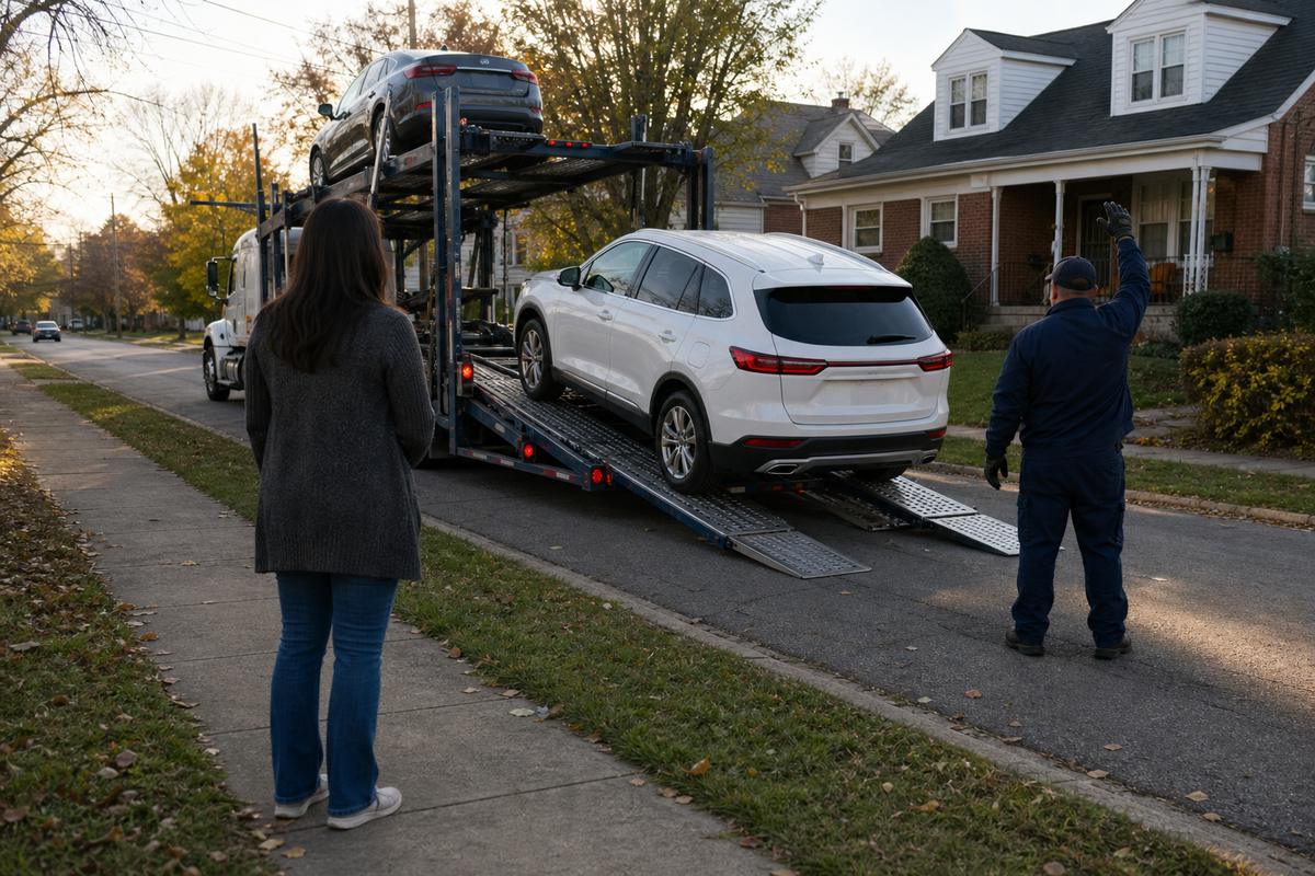 Car delivery in Louisville An SUV being driven down the ramps off an open carrier at delivery