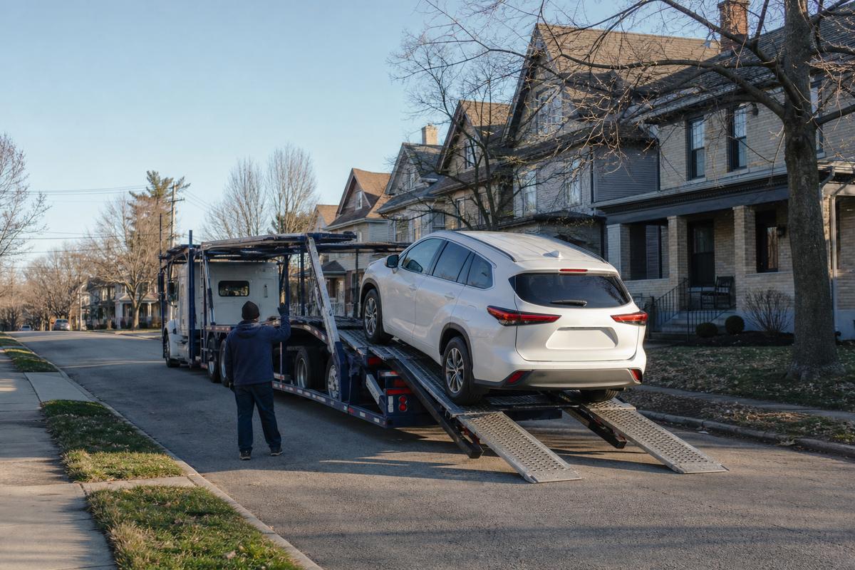 Car pickup in Louisville An SUV being driven up the ramps onto an open carrier at the curb
