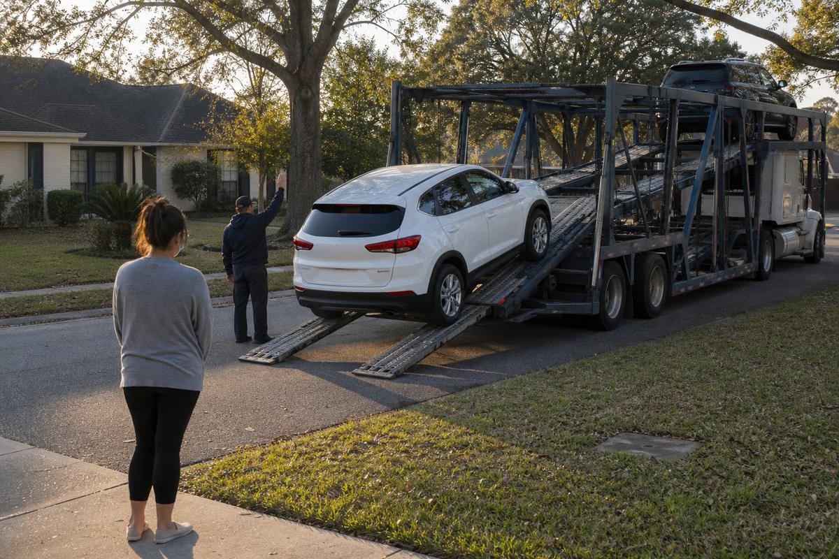 Car delivery in Baton Rouge An SUV being driven down the ramps off an open carrier at delivery