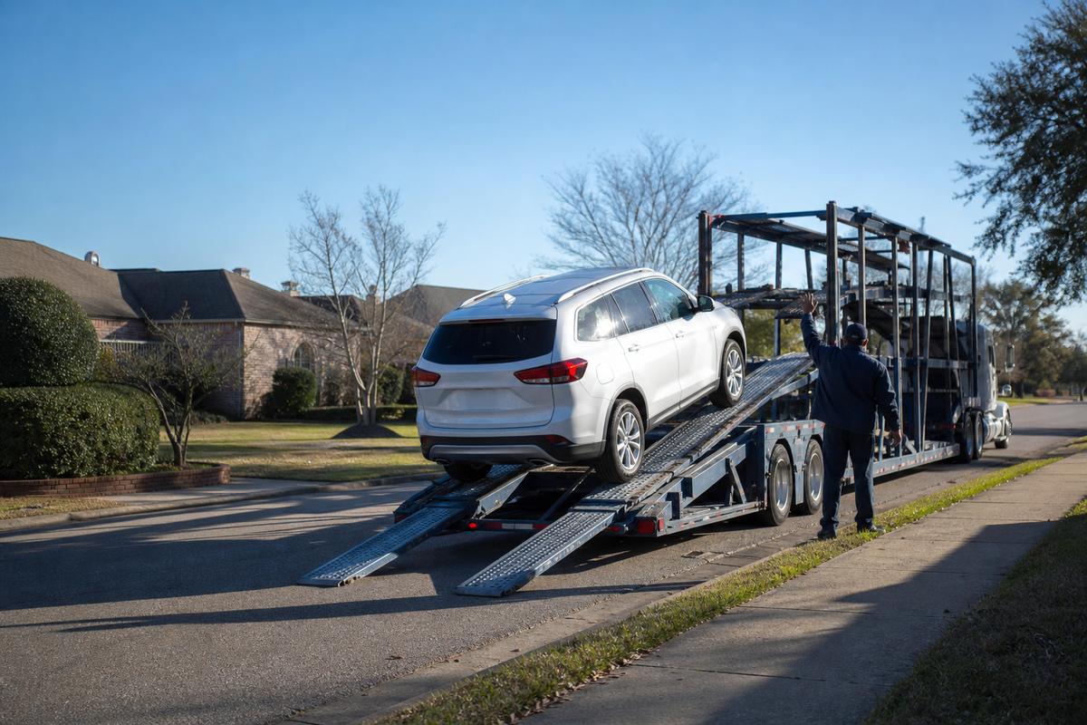 Car pickup in Baton Rouge An SUV being driven up the ramps onto an open carrier at the curb