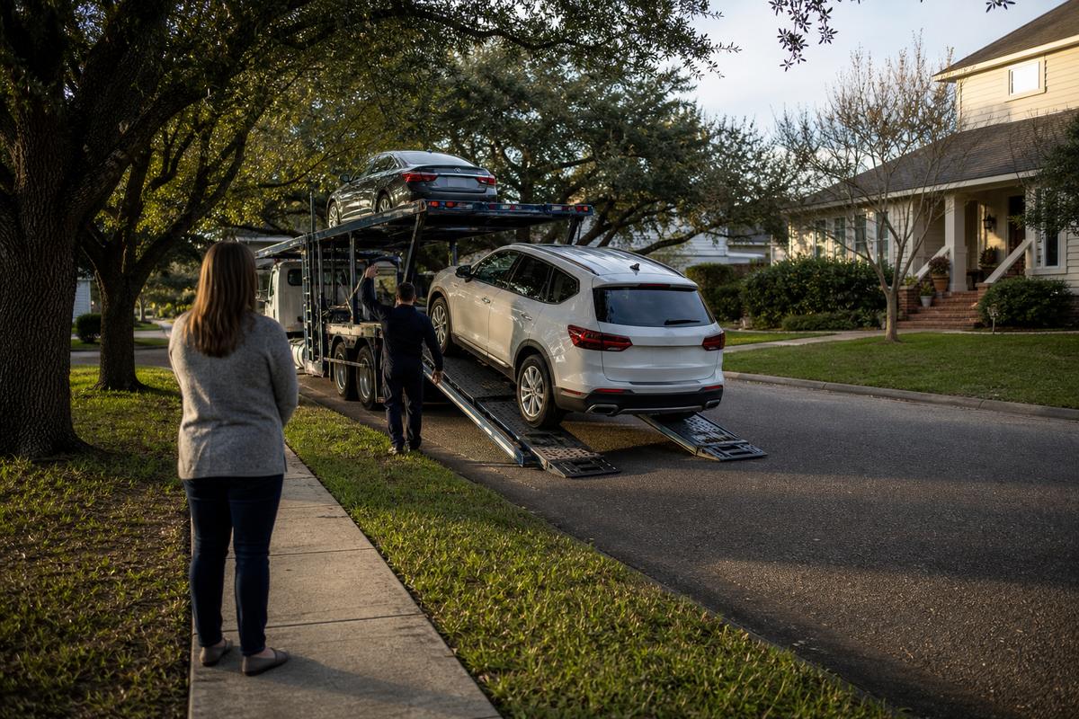 Car delivery in Lafayette An SUV being driven down the ramps off an open carrier at delivery