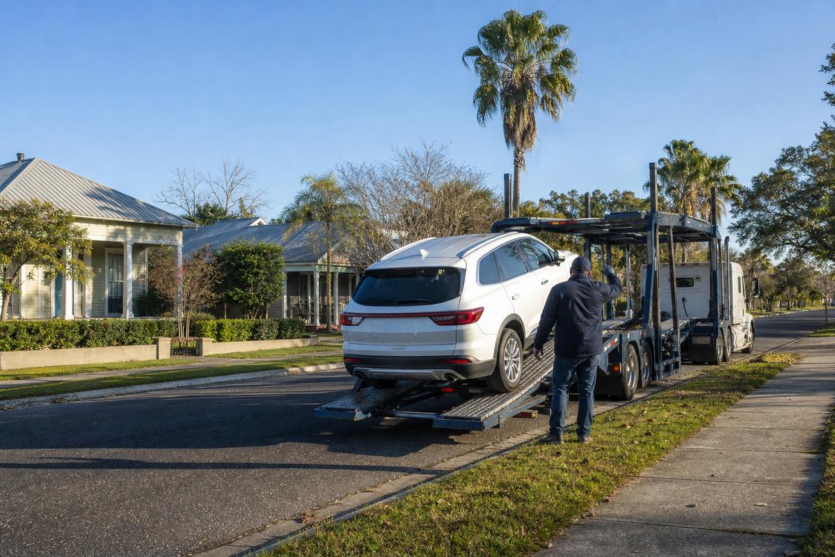 Car pickup in Lafayette An SUV being driven up the ramps onto an open carrier at the curb