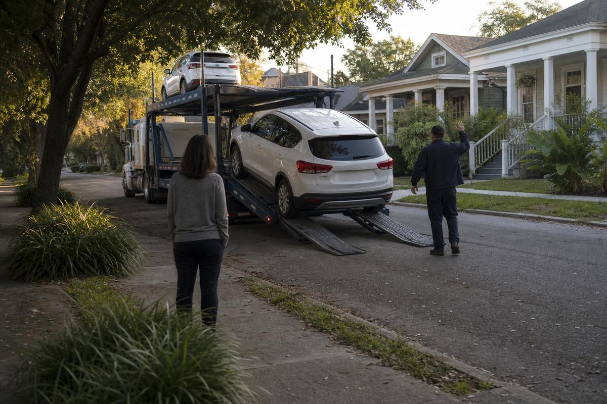 Car delivery in New Orleans An SUV being driven down the ramps off an open carrier at delivery