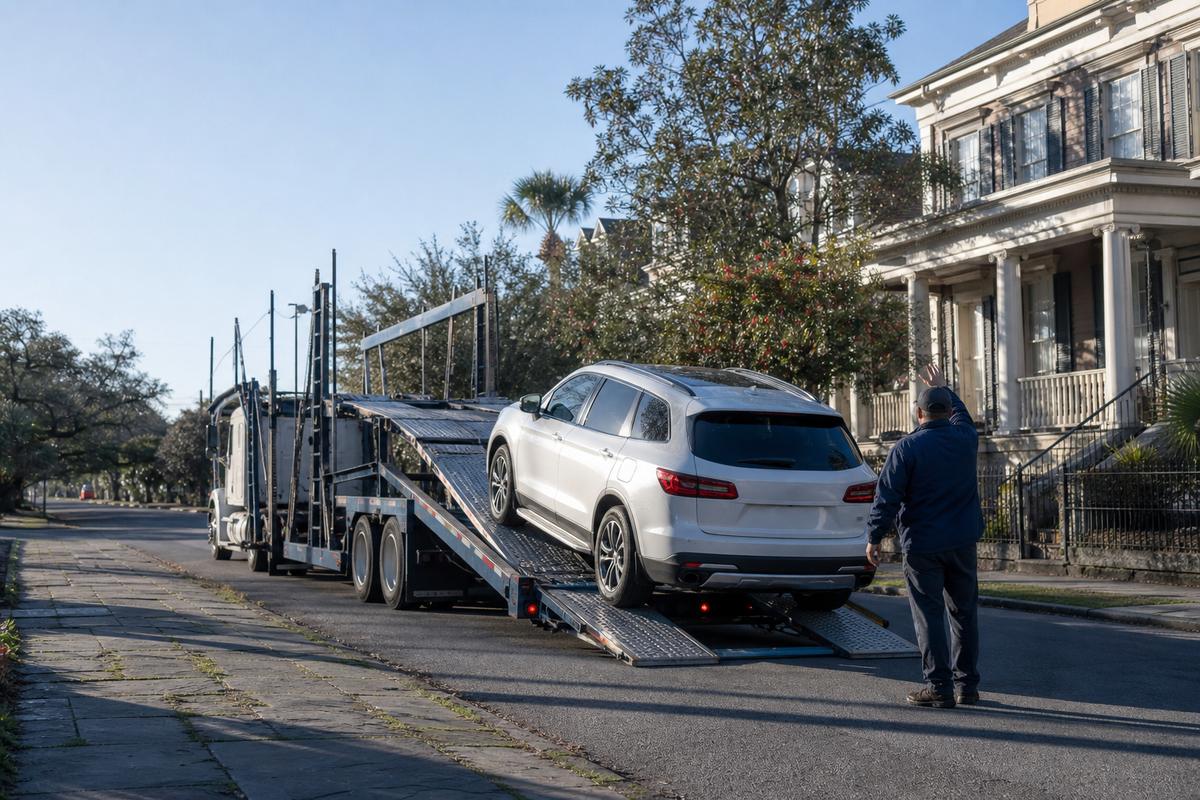 Car pickup in New Orleans An SUV being driven up the ramps onto an open carrier at the curb