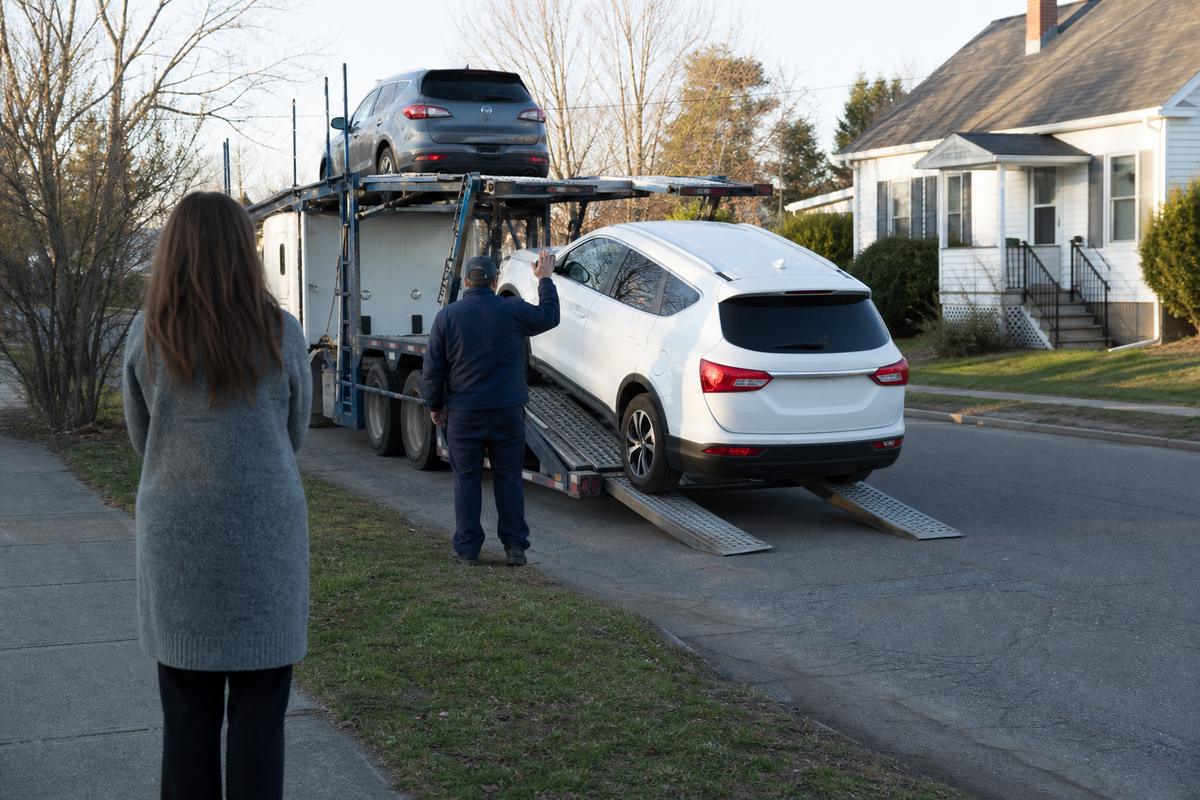 Car delivery in Bangor An SUV being driven down the ramps off an open carrier at delivery