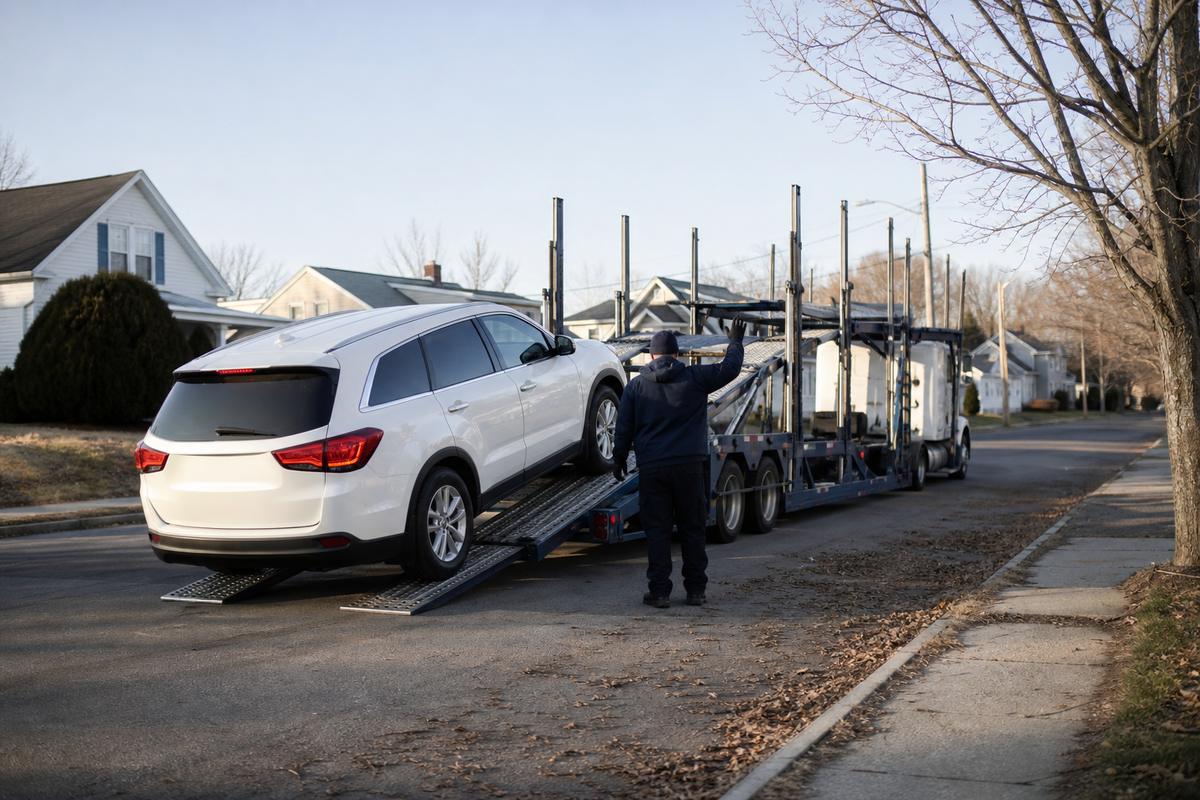 Car pickup in Bangor An SUV being driven up the ramps onto an open carrier at the curb