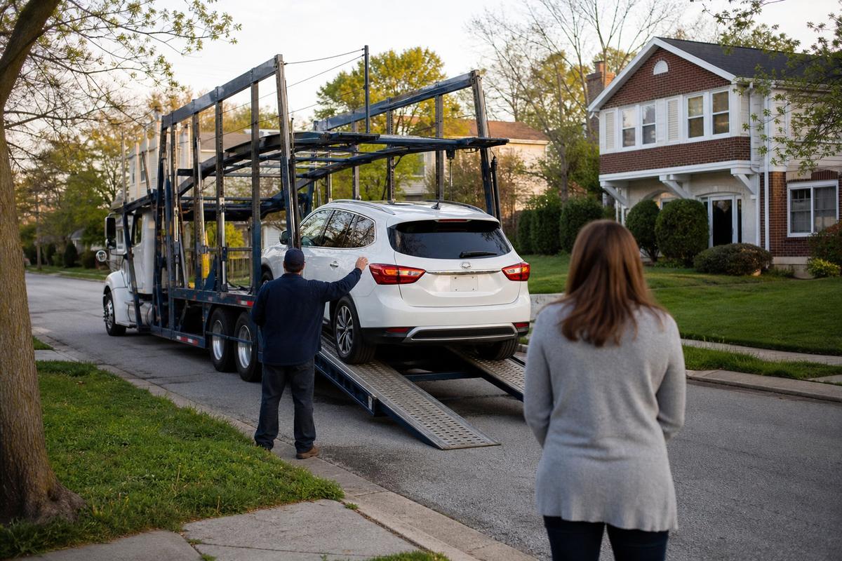 Car delivery in Baltimore An SUV being driven down the ramps off an open carrier at delivery