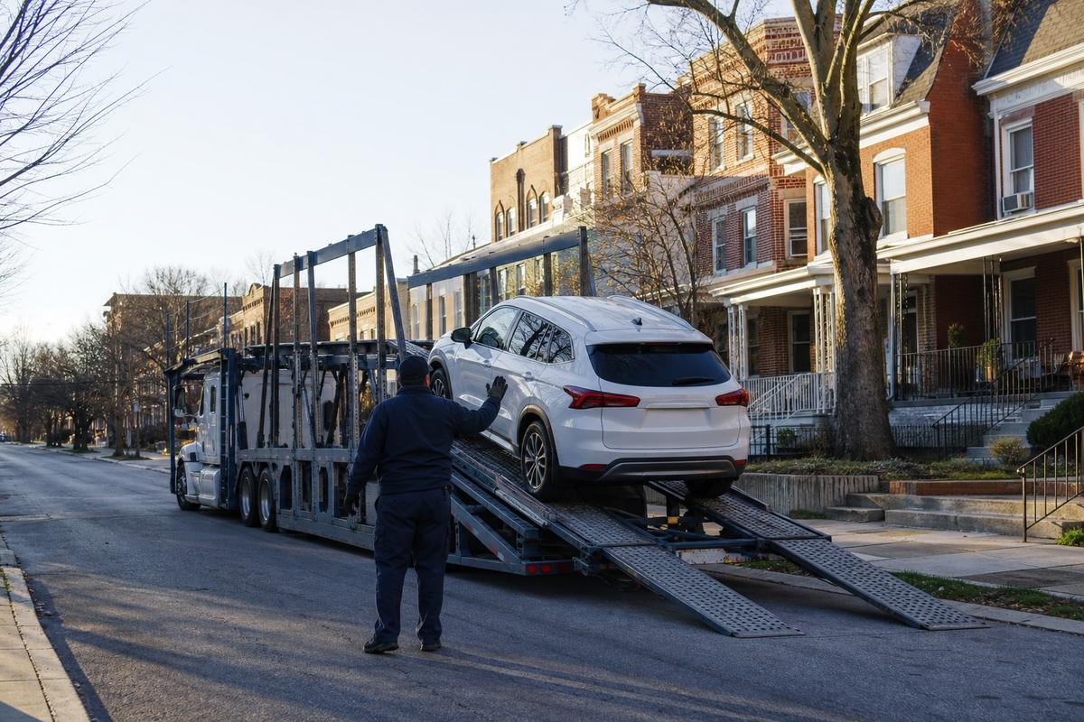 Car pickup in Baltimore An SUV being driven up the ramps onto an open carrier at the curb
