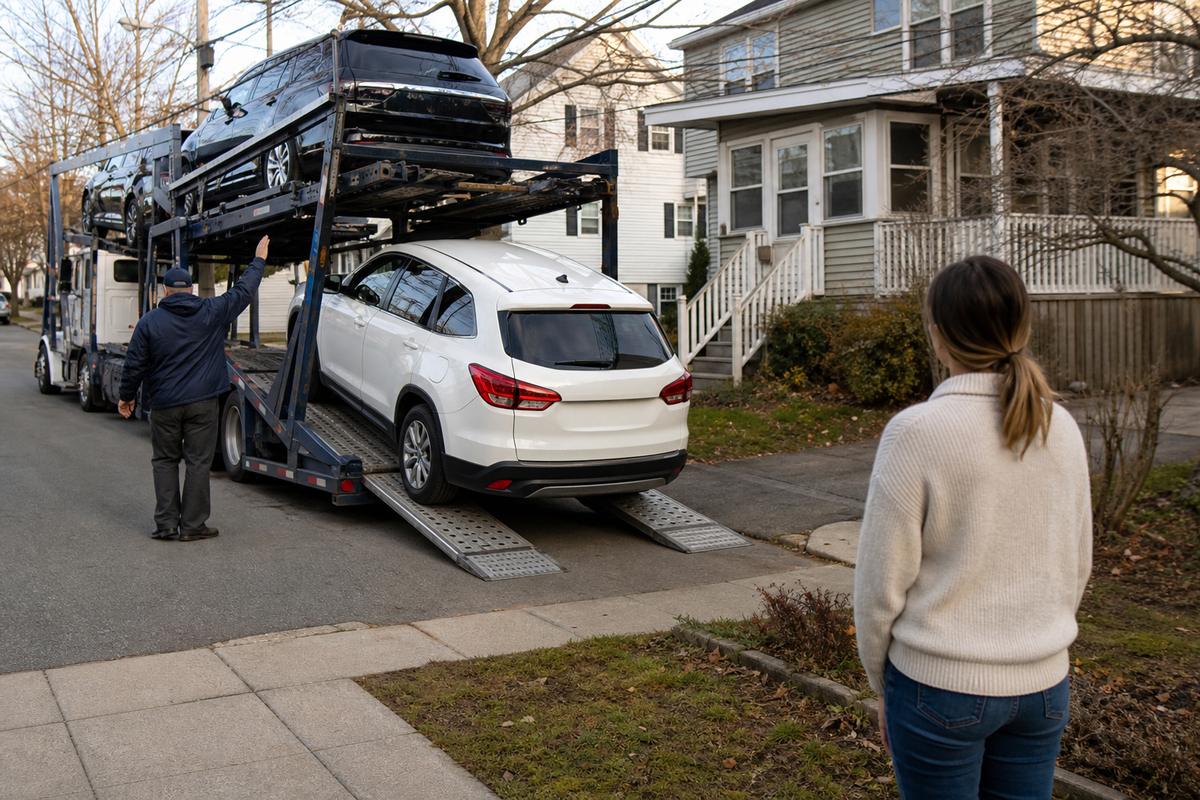 An SUV being driven down the ramps off an open carrier at delivery
