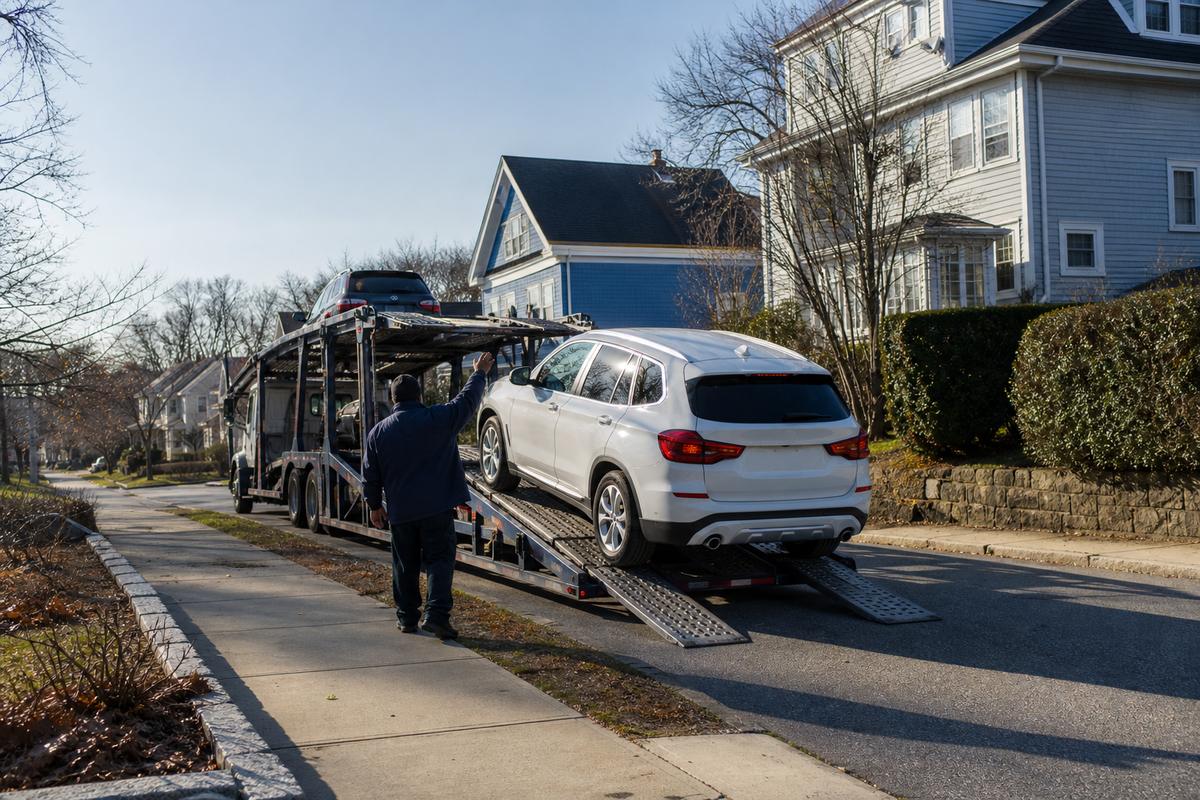 An SUV being driven up the ramps onto an open carrier at the curb