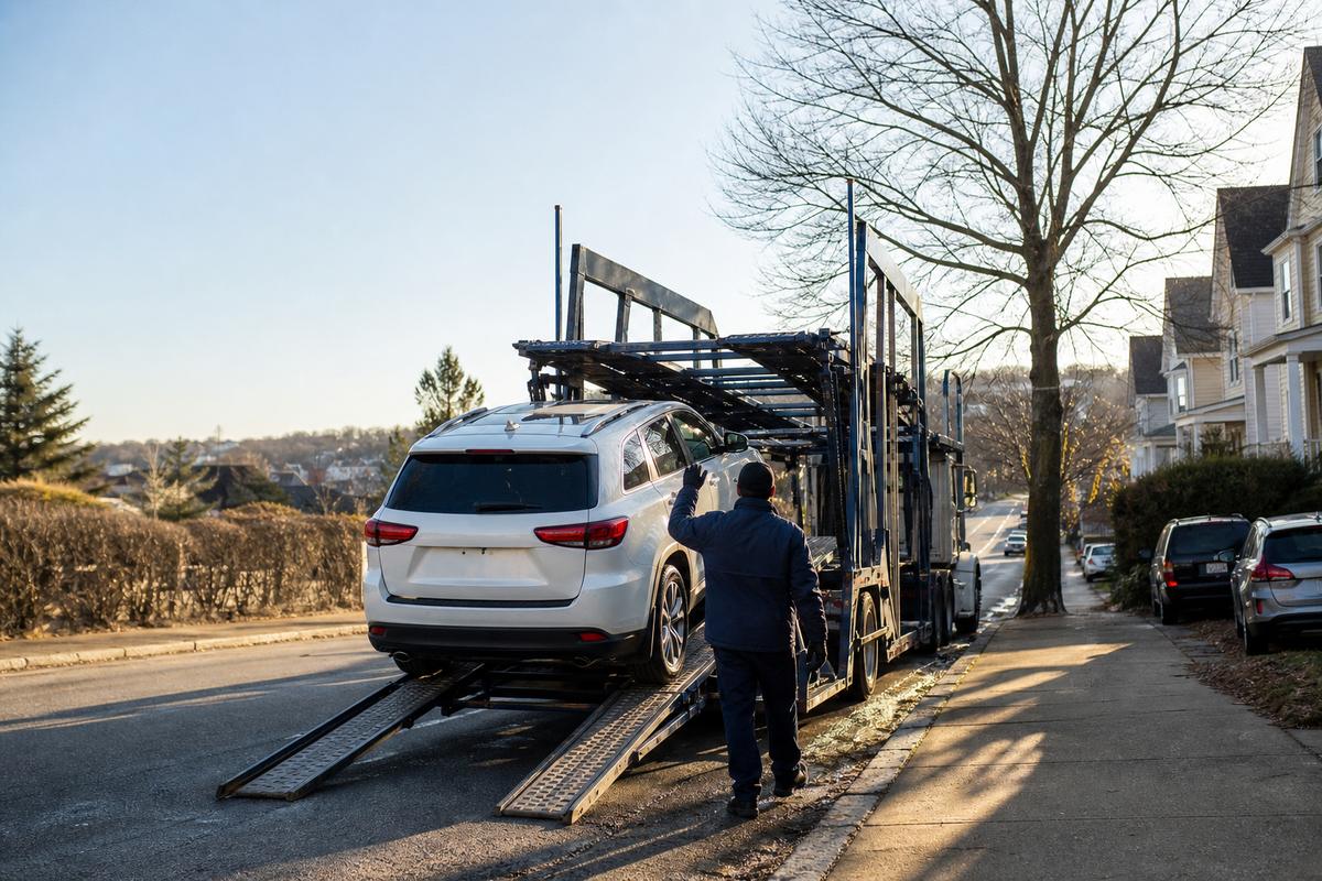 Car pickup in Worcester An SUV being driven up the ramps onto an open carrier at the curb