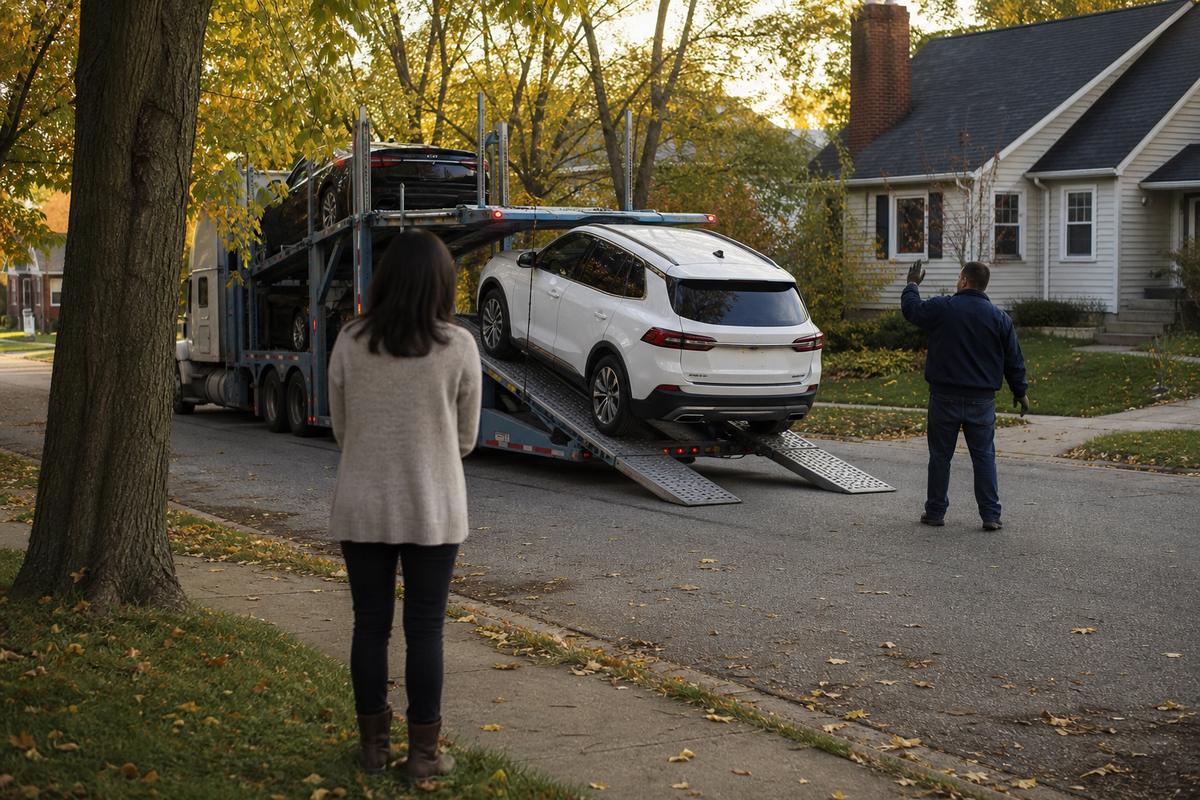 Car delivery in Ann Arbor An SUV being driven down the ramps off an open carrier at delivery