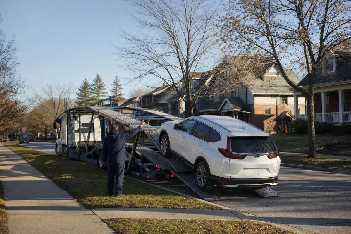 Car pickup in Ann Arbor An SUV being driven up the ramps onto an open carrier at the curb
