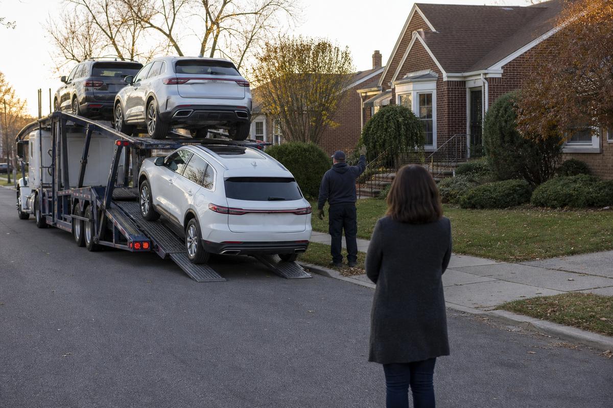 An SUV being driven down the ramps off an open carrier at delivery