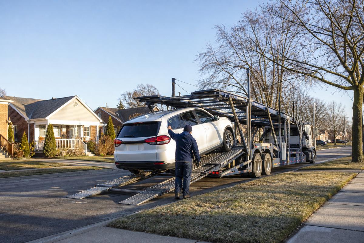An SUV being driven up the ramps onto an open carrier at the curb